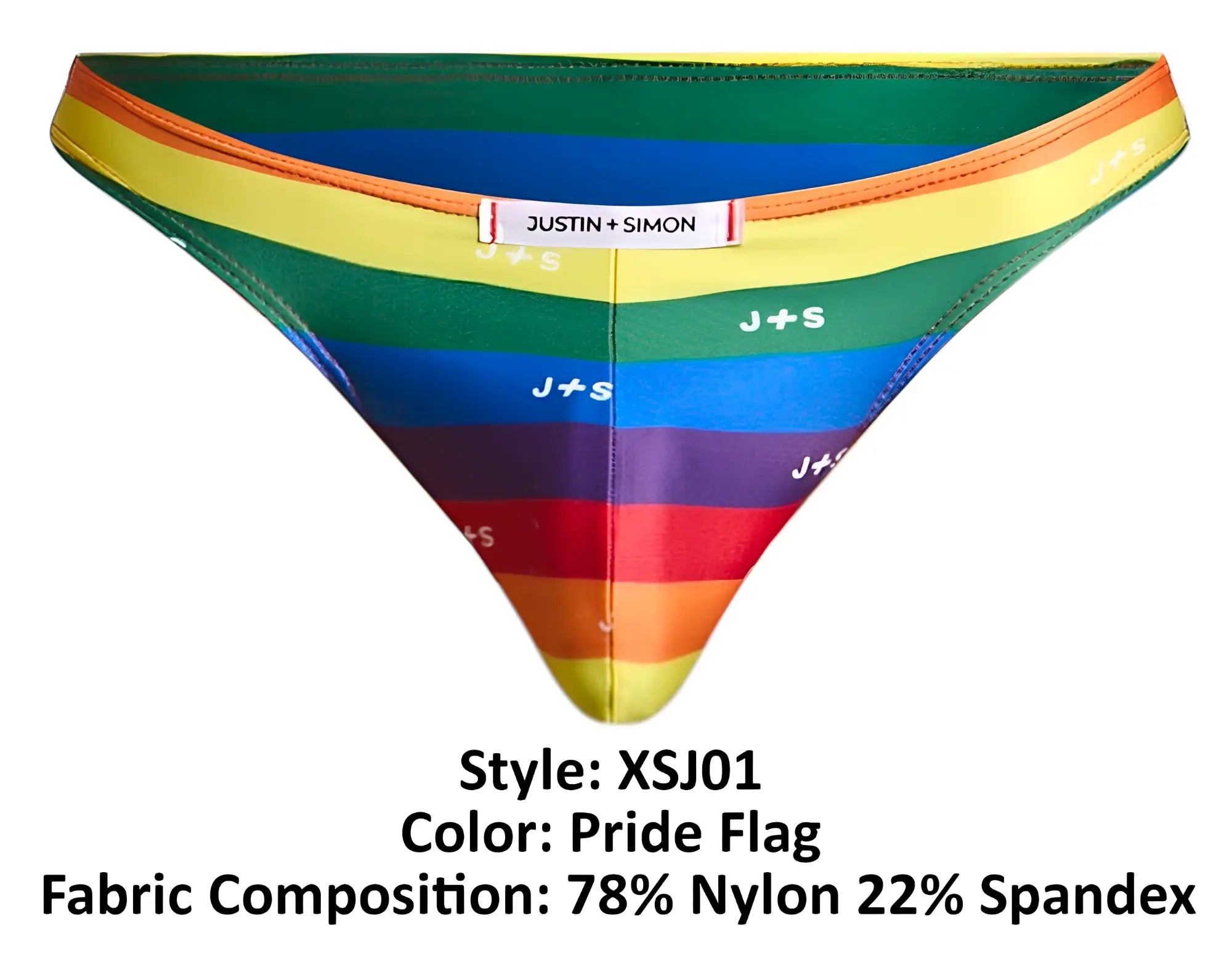 Rainbow-striped men’s briefs in pride flag colors with justin + simon label and j+s logo across the fabric