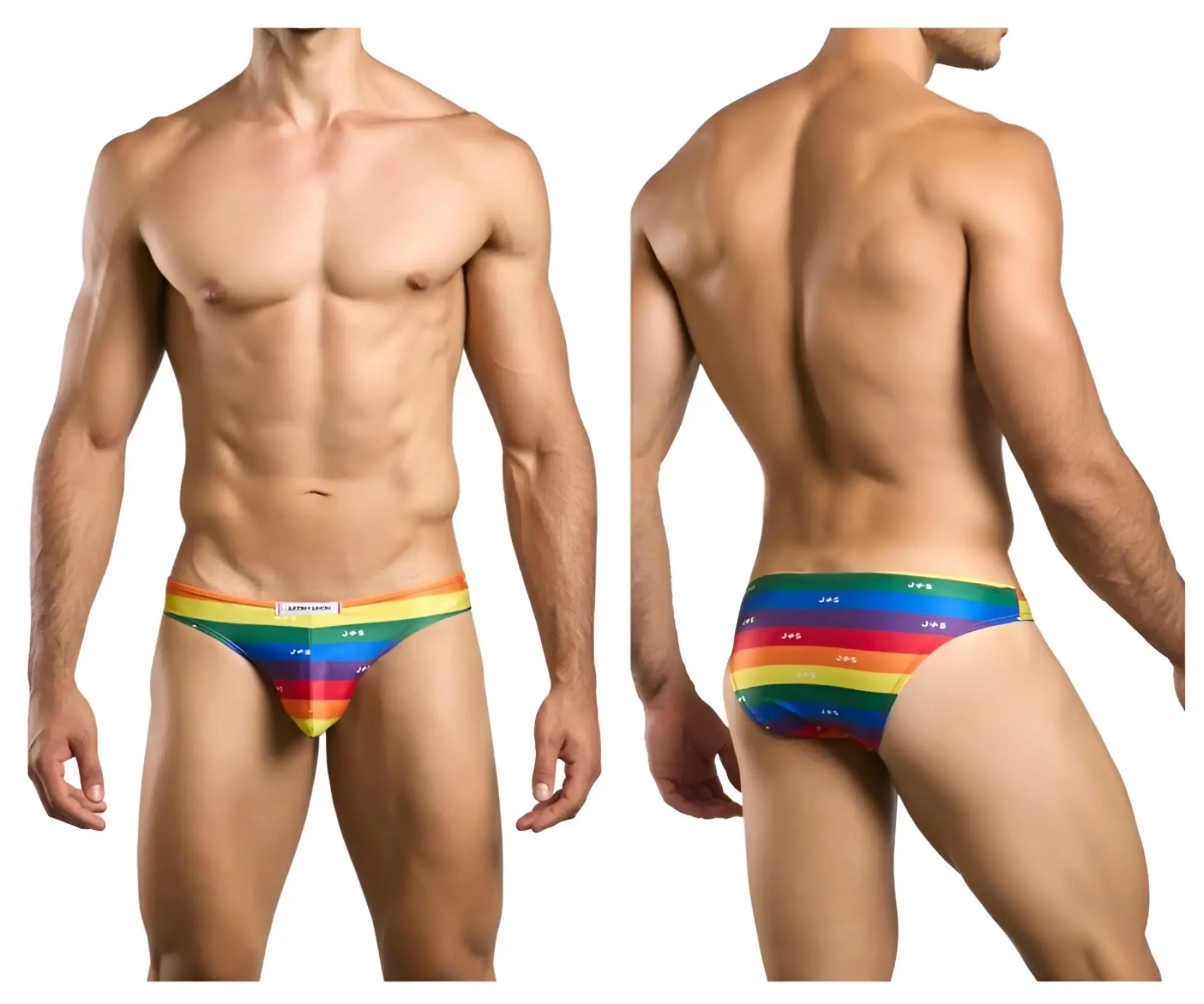 Rainbow-striped men’s briefs with jds branding in justin simon xsj01 classic bikini color pride flag design