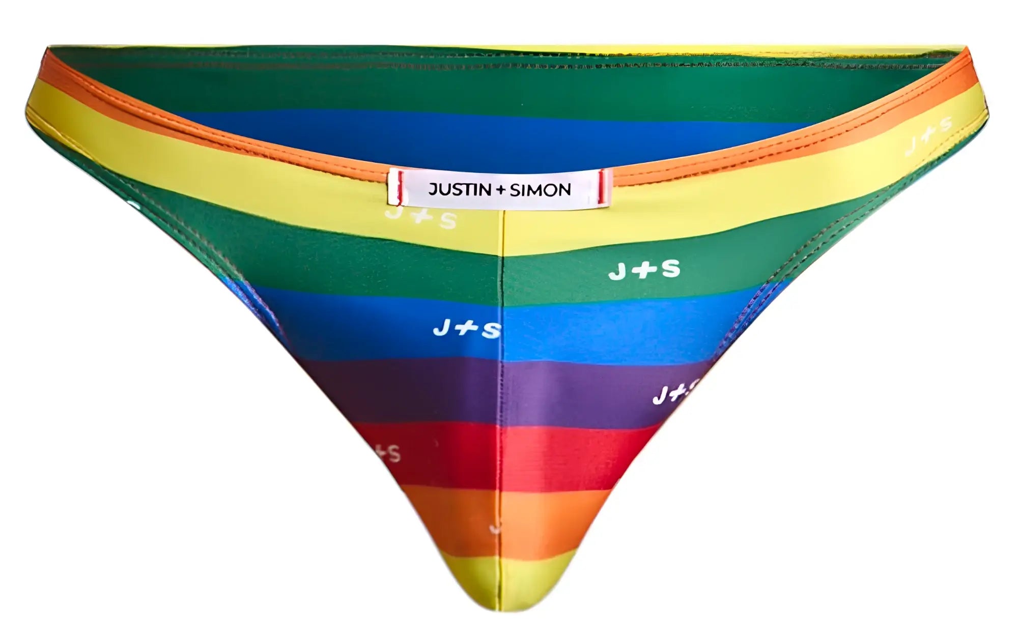 Rainbow-striped men’s briefs by justin + simon with js branding in classic bikini style pride flag colors