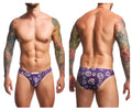 Purple patterned swim trunks by justin simon featuring circular love win and thank you day logos for pride wear