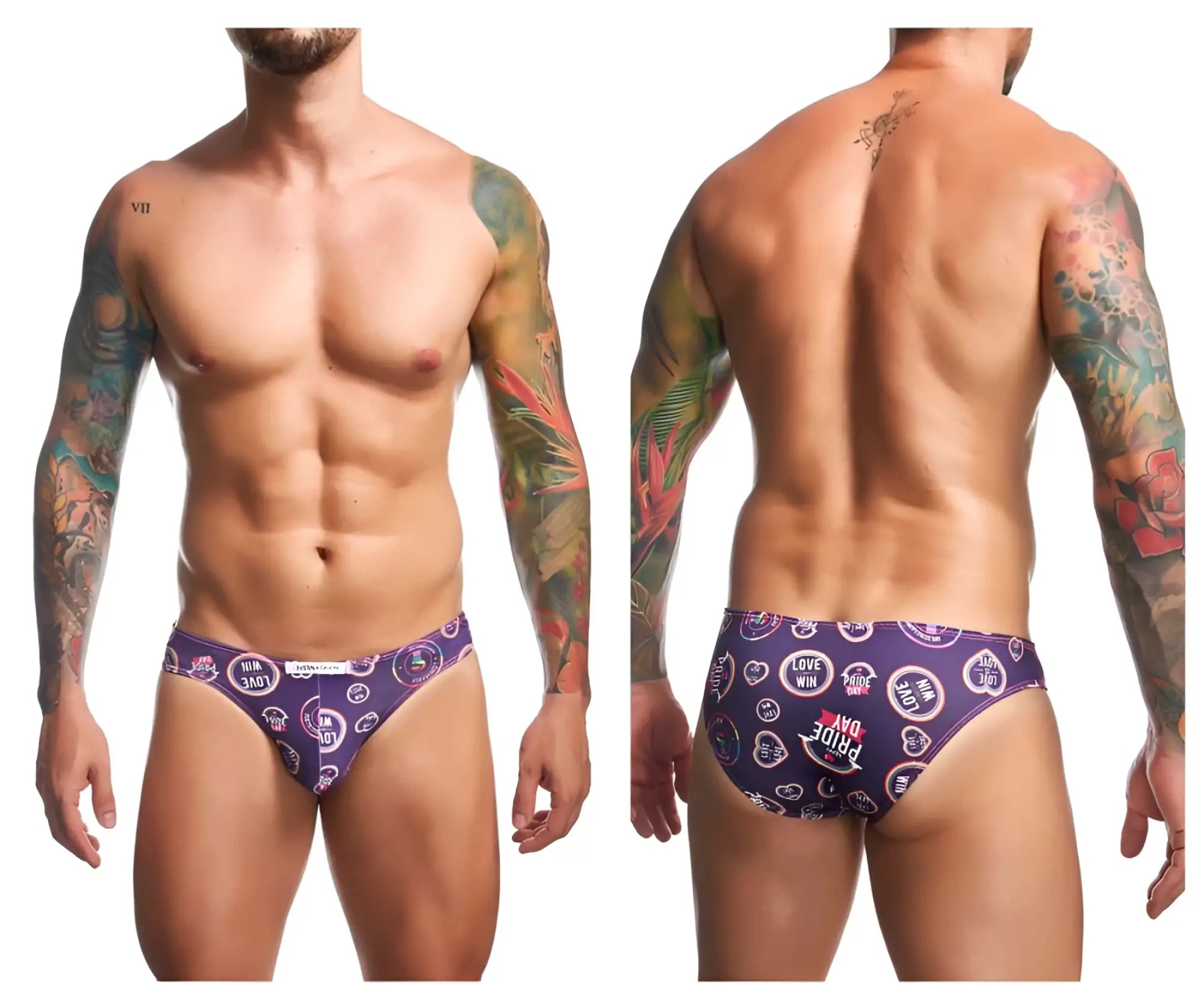 Purple patterned swim trunks by justin simon featuring circular love win and thank you day logos for pride wear