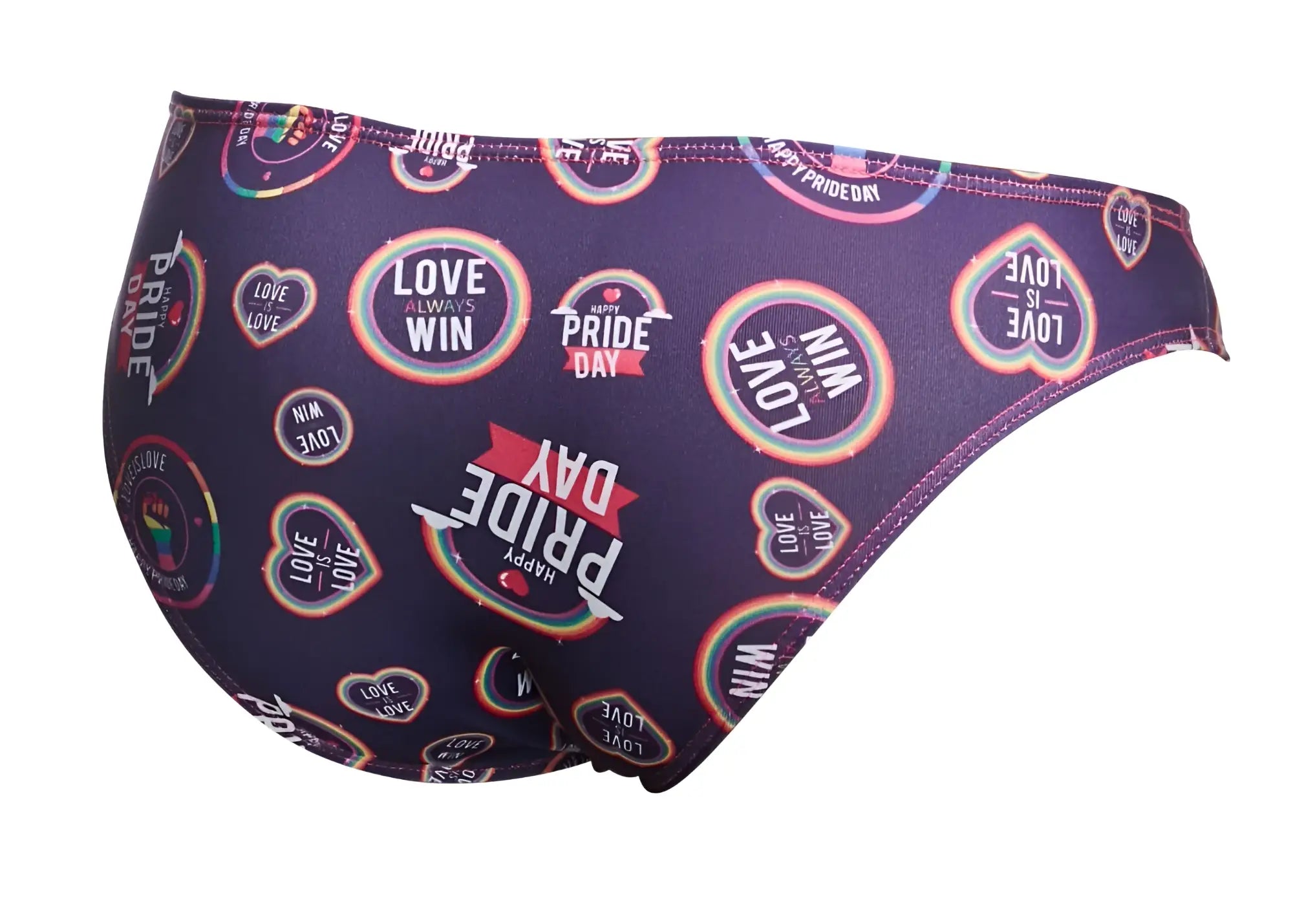Purple JUSTIN+SIMON classic bikini swim trunks with vibrant rainbow pride day graphic pattern for pride celebration