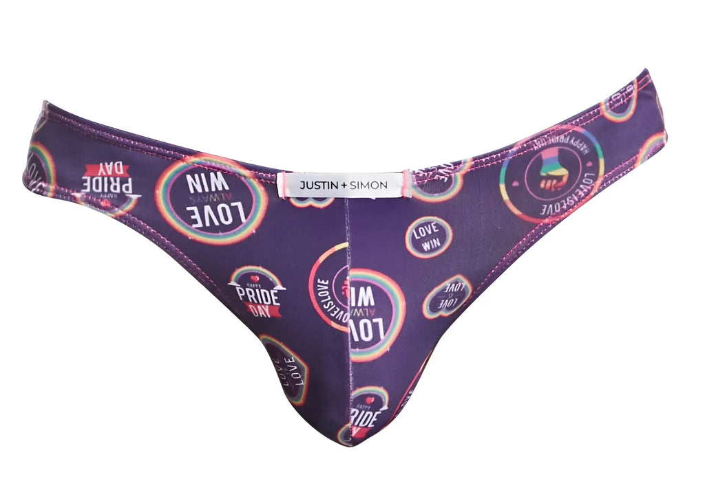 Purple justin simon thong with vibrant rainbow pride day graphic print classic bikini style for pride celebration