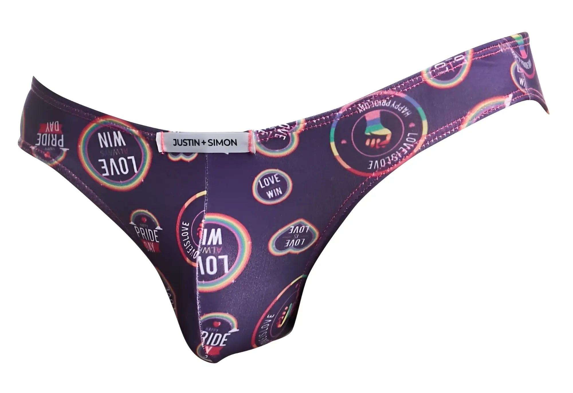 Purple thong with vibrant rainbow circular pattern featuring love win pride phrases by justin simon classic bikini pride
