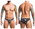 Black men’s briefs justin simon xsj01 classic bikini with vibrant space-themed colorful cartoon aliens and planets pattern