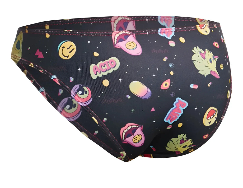 Black swim trunks by justin simon classic bikini xsj01 with vibrant psychedelic pattern featuring smiling faces and acid text