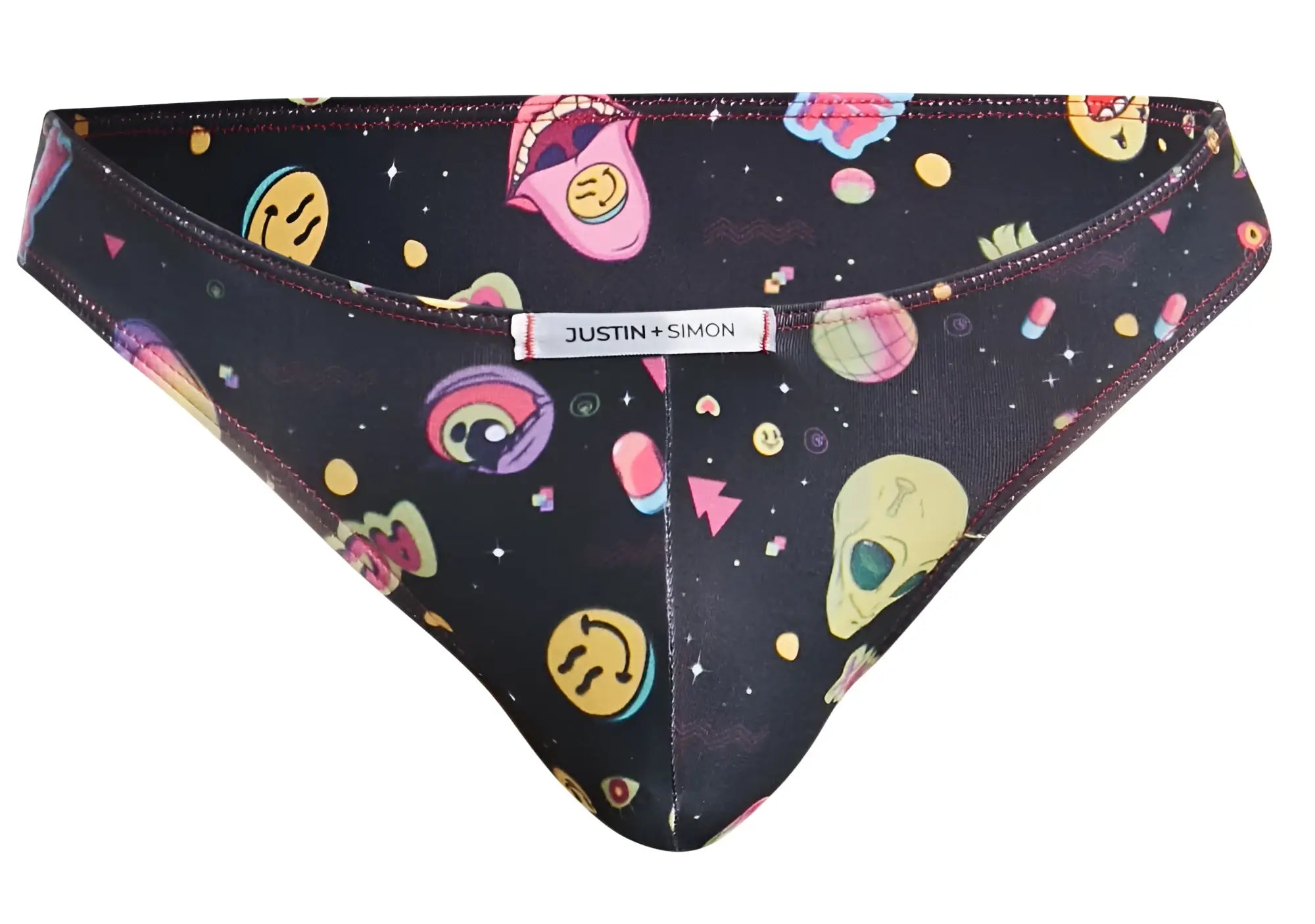 Black bikini bottom JUSTIN+SIMON XSJ01 classic bikini with vibrant retro space-themed pattern in pink yellow purple and blue