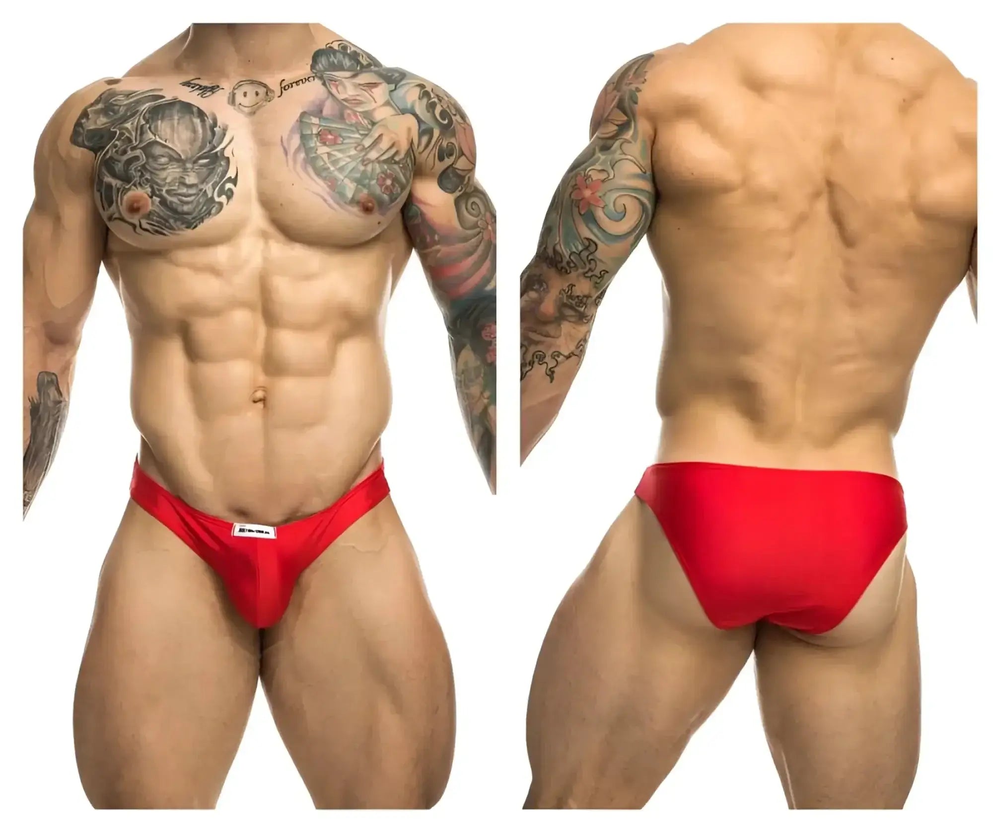 Red athletic briefs with a classic bikini cut and white brand tag on the waistband from justin simon xsj01