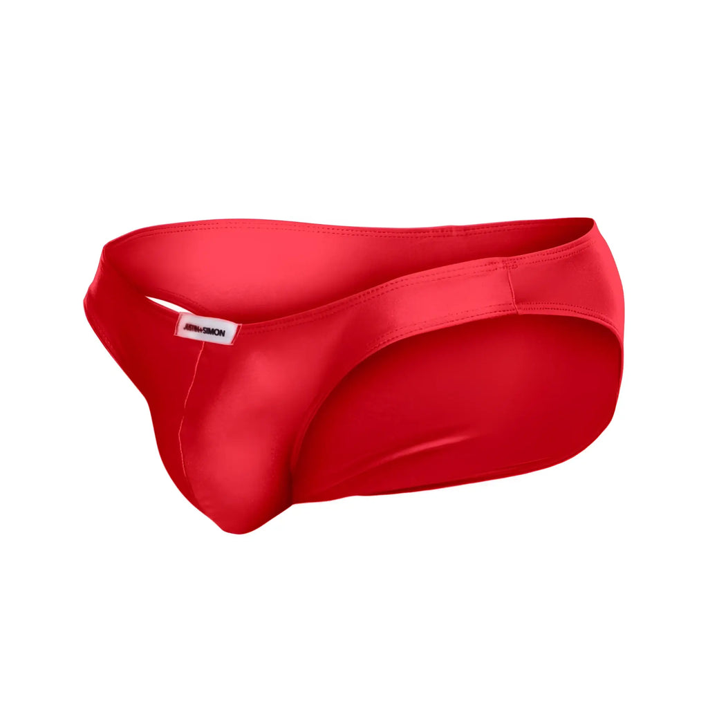 Justin+Simon xsj01 classic bikini red satin briefs with vibrant color sleek form-fitting design and subtle brand tag