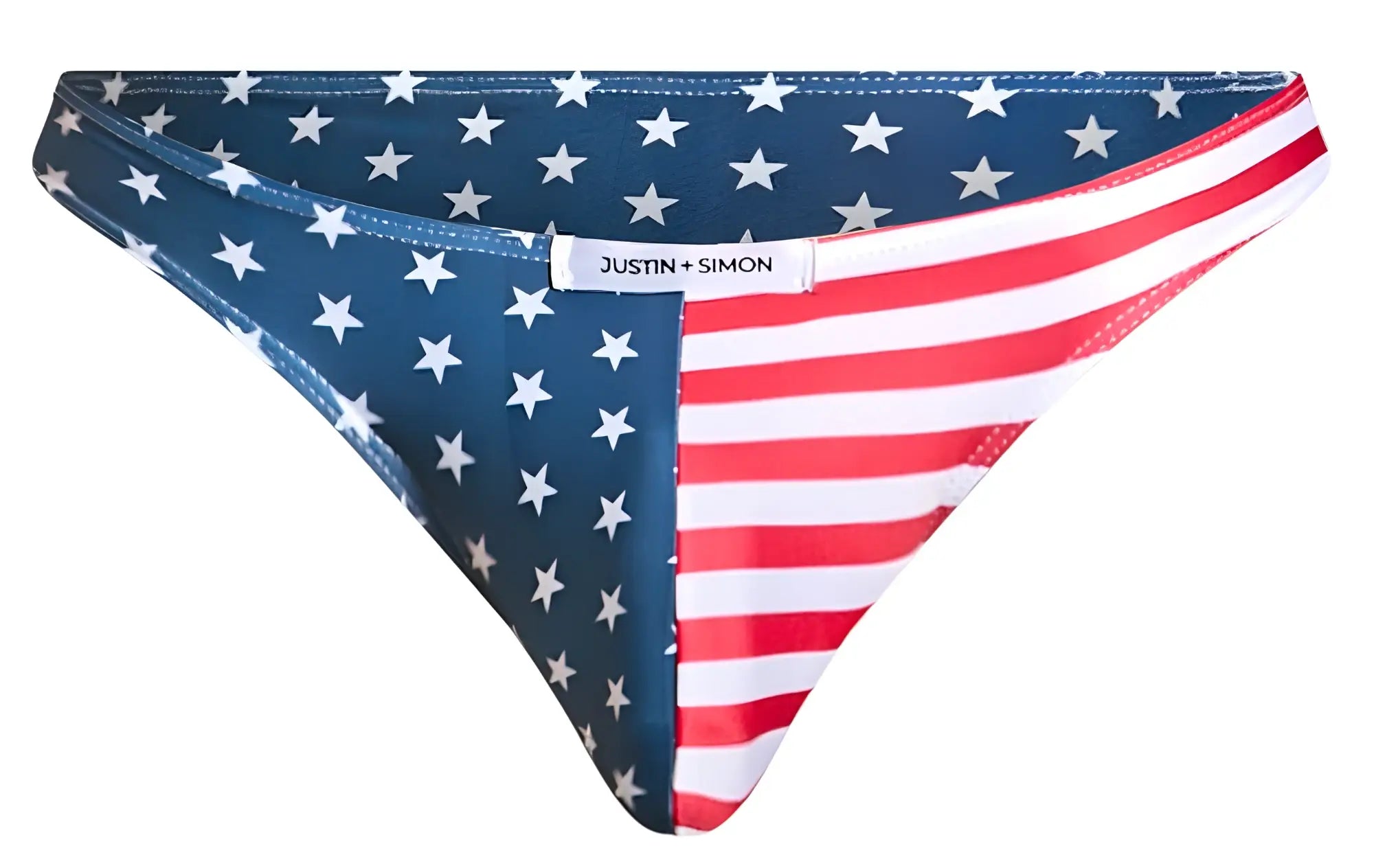 Blue and red american flag patterned thong by justin plus simon classic bikini color usa flag shown from back side