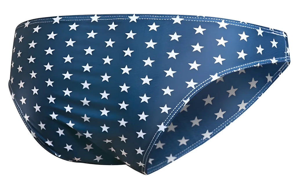 Blue swim trunks from JUSTIN SIMON classic bikini color USA flag with white star pattern for swimming and beachwear