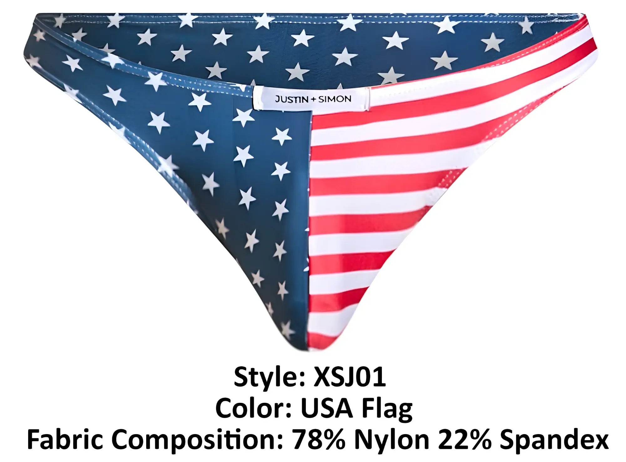Justin simon classic usa flag bikini bottom with navy blue stars and red white stripes made of nylon and spandex