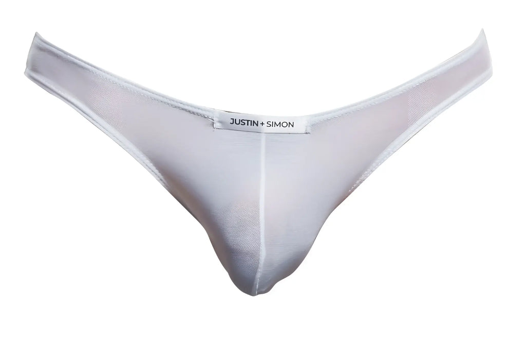 White sheer mesh thong by justin simon classic bikini style in white mesh fabric shown from the back side