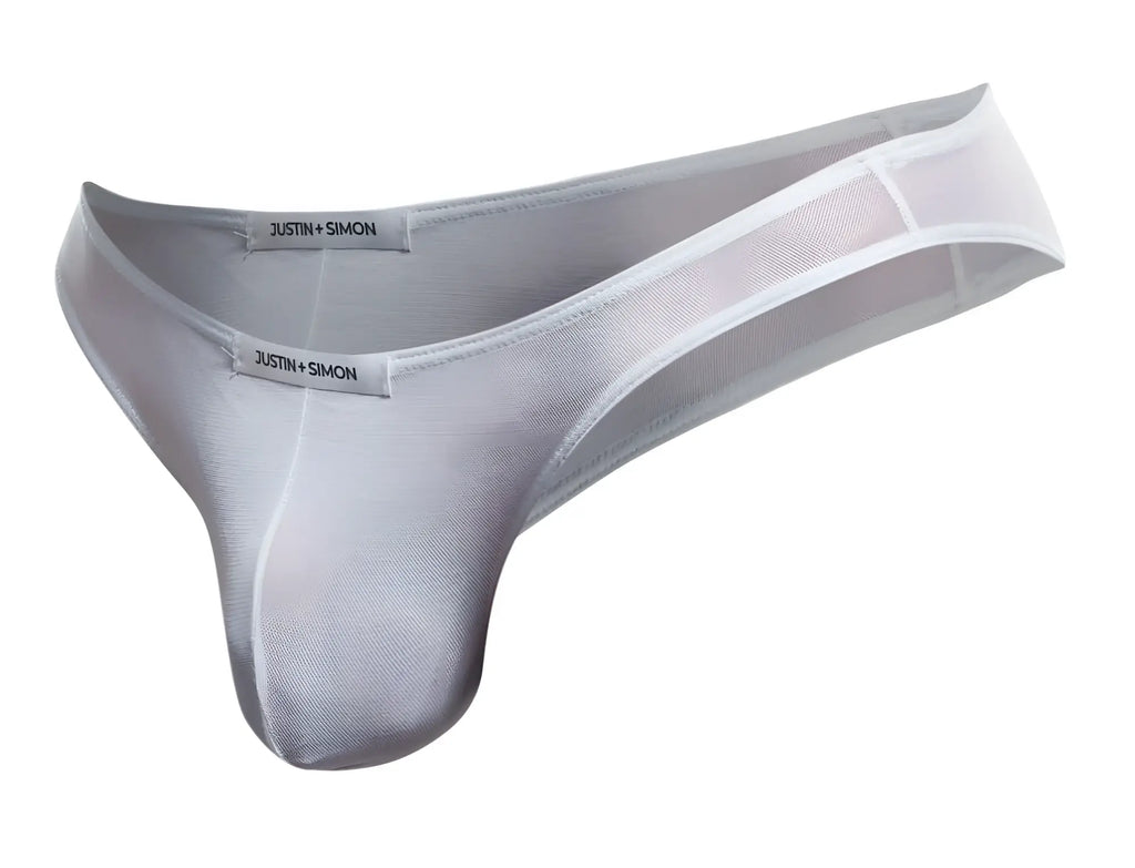 Silver mesh thong by justin simon in white mesh fabric classic bikini style shown from the back side