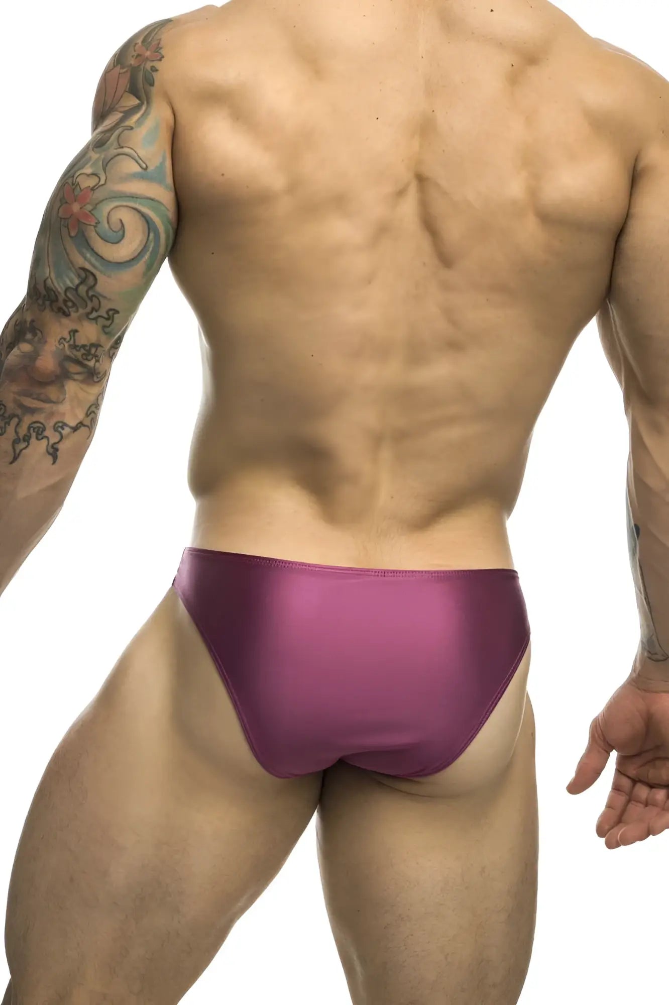 Purple satin briefs justin simon xsj01 classic bikini in wine color showing front view