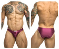 Purple satin classic bikini briefs in wine color with a small white Justin Simon brand tag at the waistband