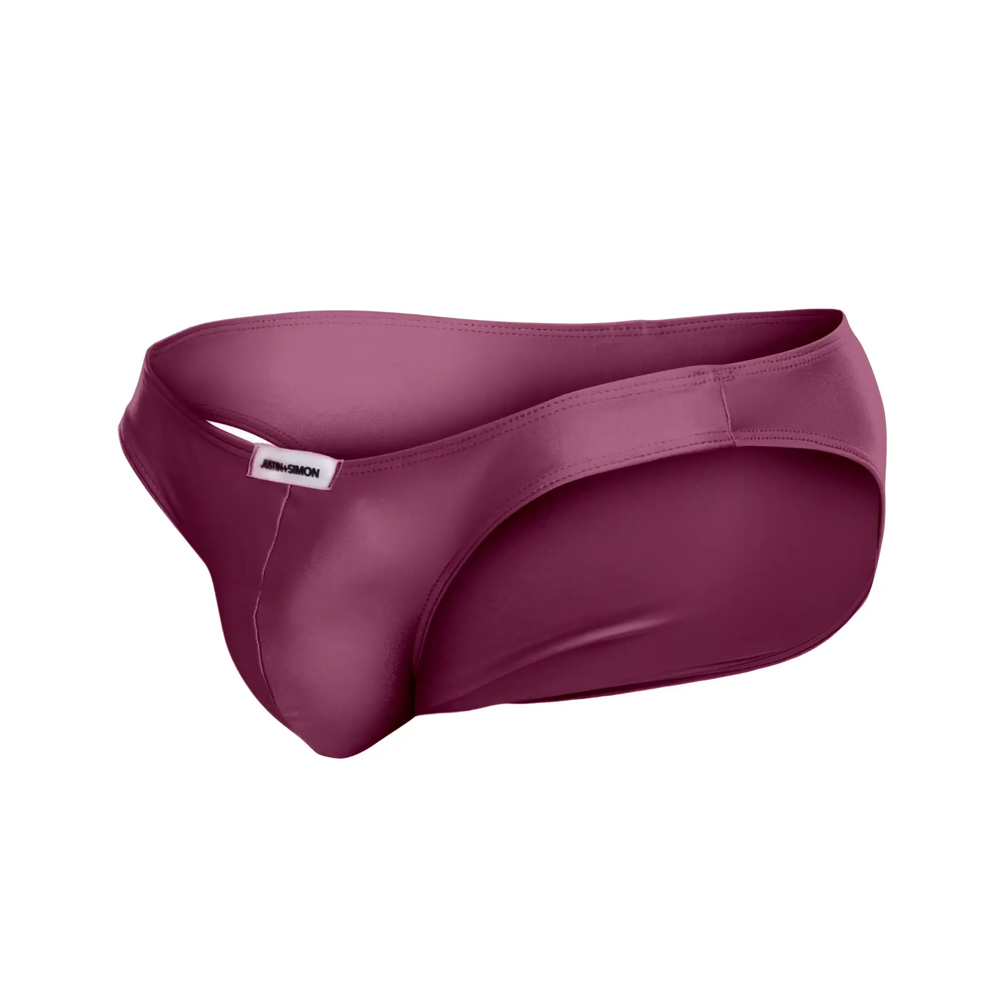 Justin plus simon xsj01 classic bikini in wine color with sleek satin like fabric and minimalistic design