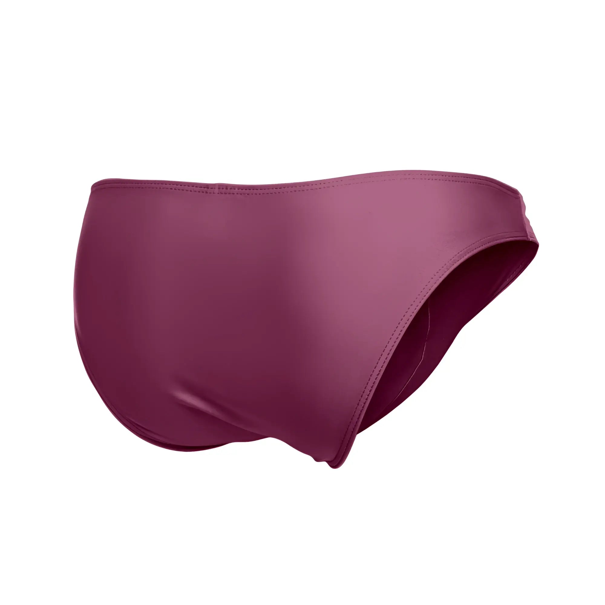 A sleek solid burgundy justin simon xsj01 classic bikini swim brief with satin finish and clean edge stitching