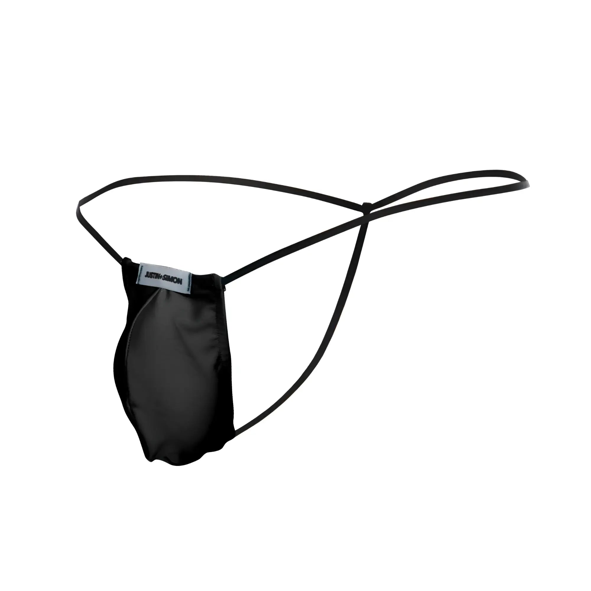 Black satin classic g-string bulge with thin elastic straps and justin simon branded label in black