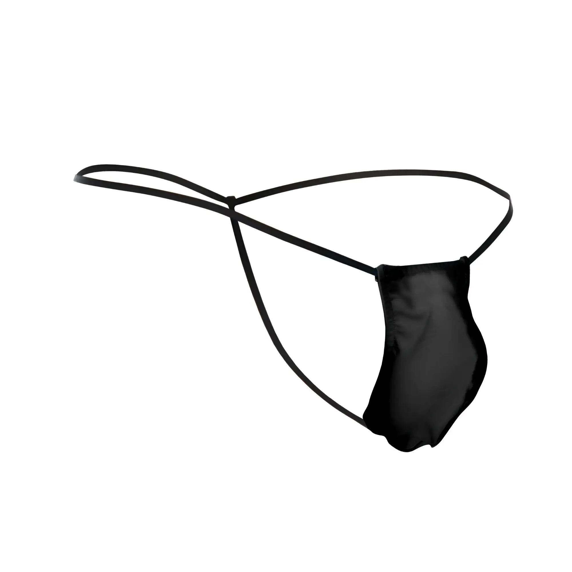 Black satin thong with thin sleek straps from justin simon xsj02 classic g-string bulge in black shown from the back side