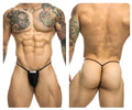 Black thong with thin elastic straps and small white label at front from justin simon xsj02 classic g string bulge in black
