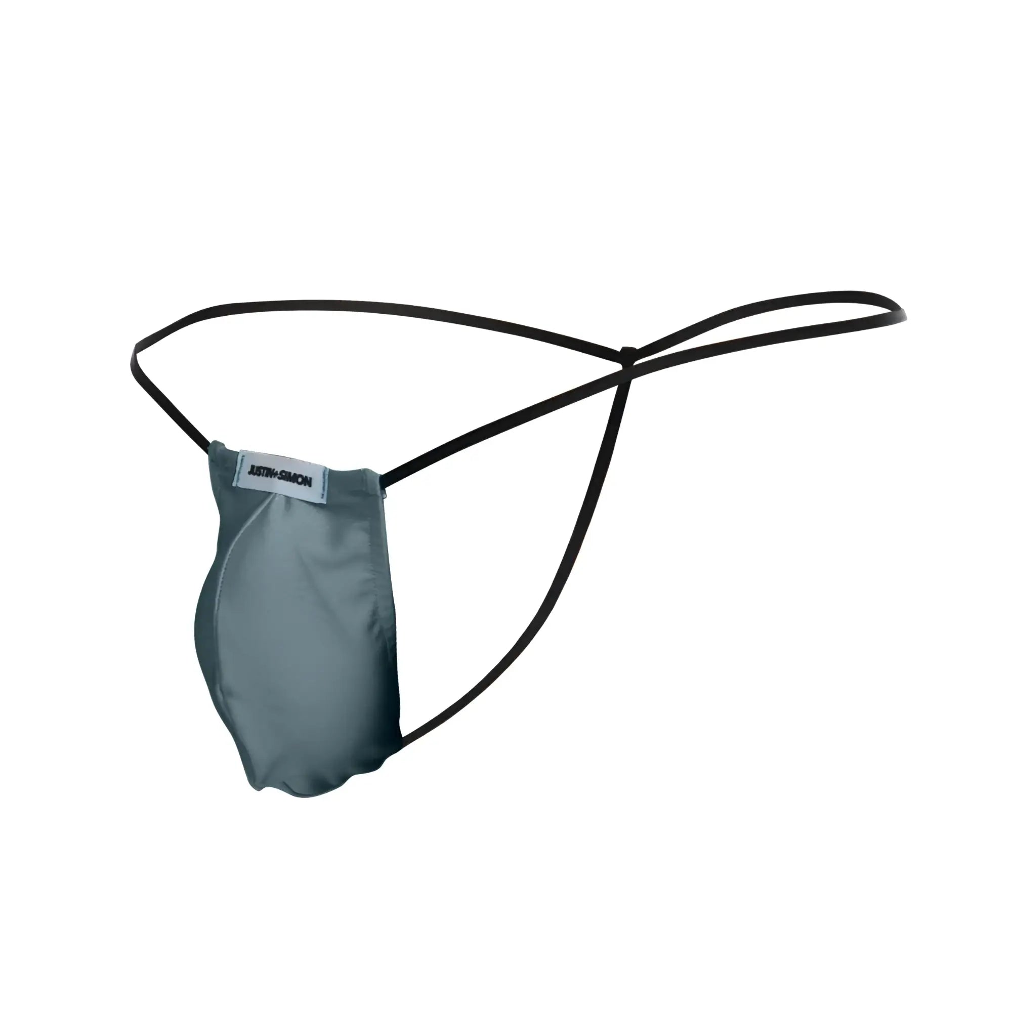 A sleek dark gray fabric thong with black elastic straps and a branded label from justin simon xsj02 classic g-string bulge color metal green