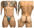 Teal and black classic g-string athletic briefs with a minimalist design and metal green bulge pouch by JUSTIN SIMON