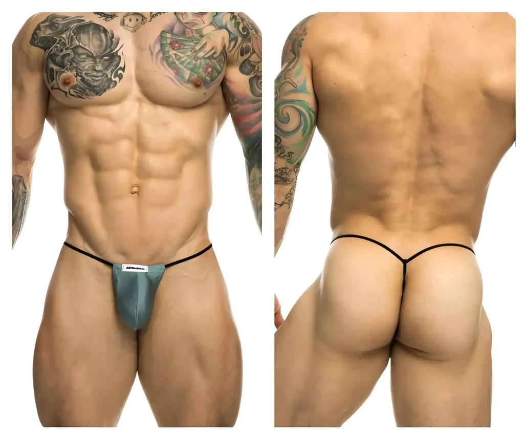 Teal and black classic g-string athletic briefs with a minimalist design and metal green bulge pouch by JUSTIN SIMON