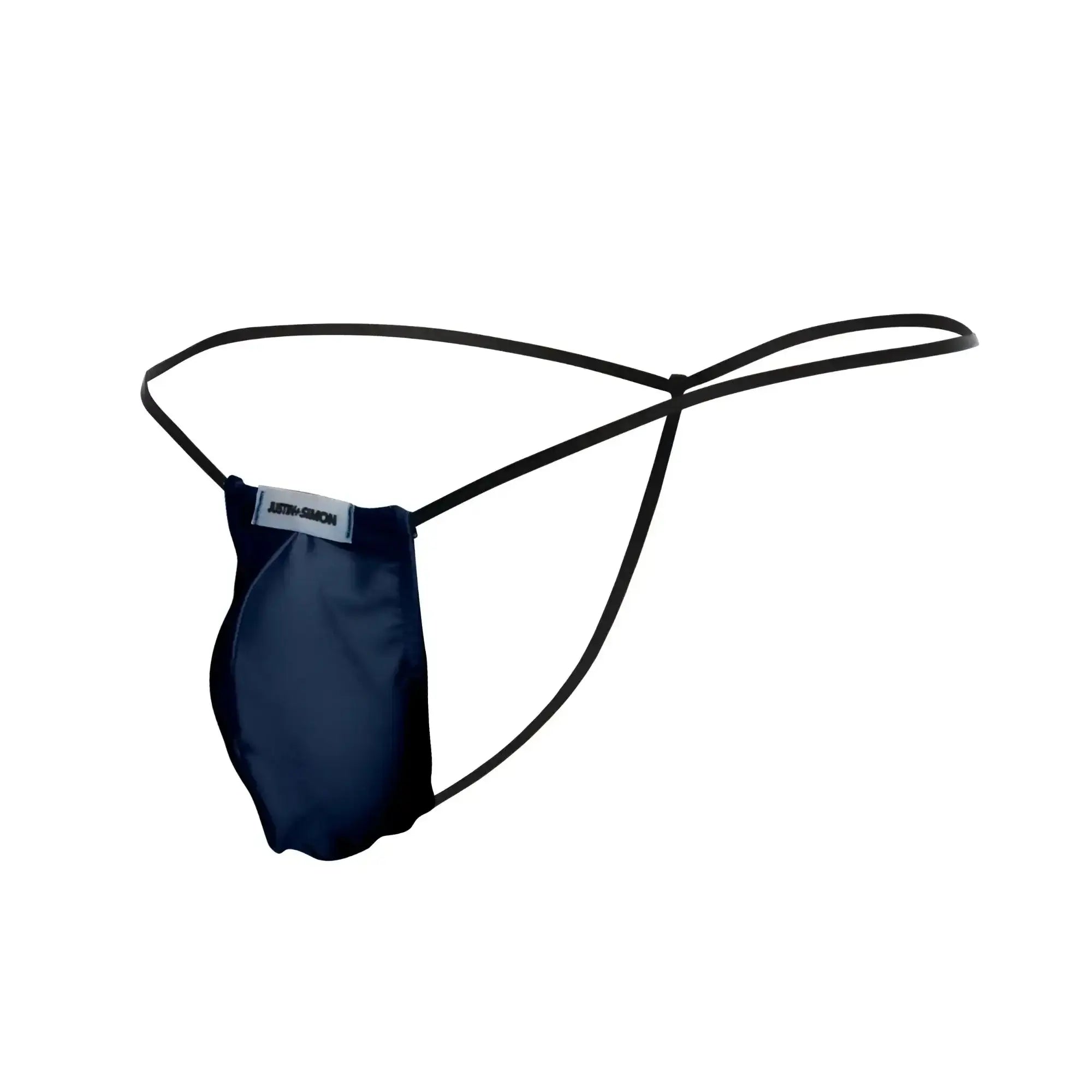 Navy blue satin thong with black elastic straps and branded label from justin+simon xsj02 classic g-string bulge collection