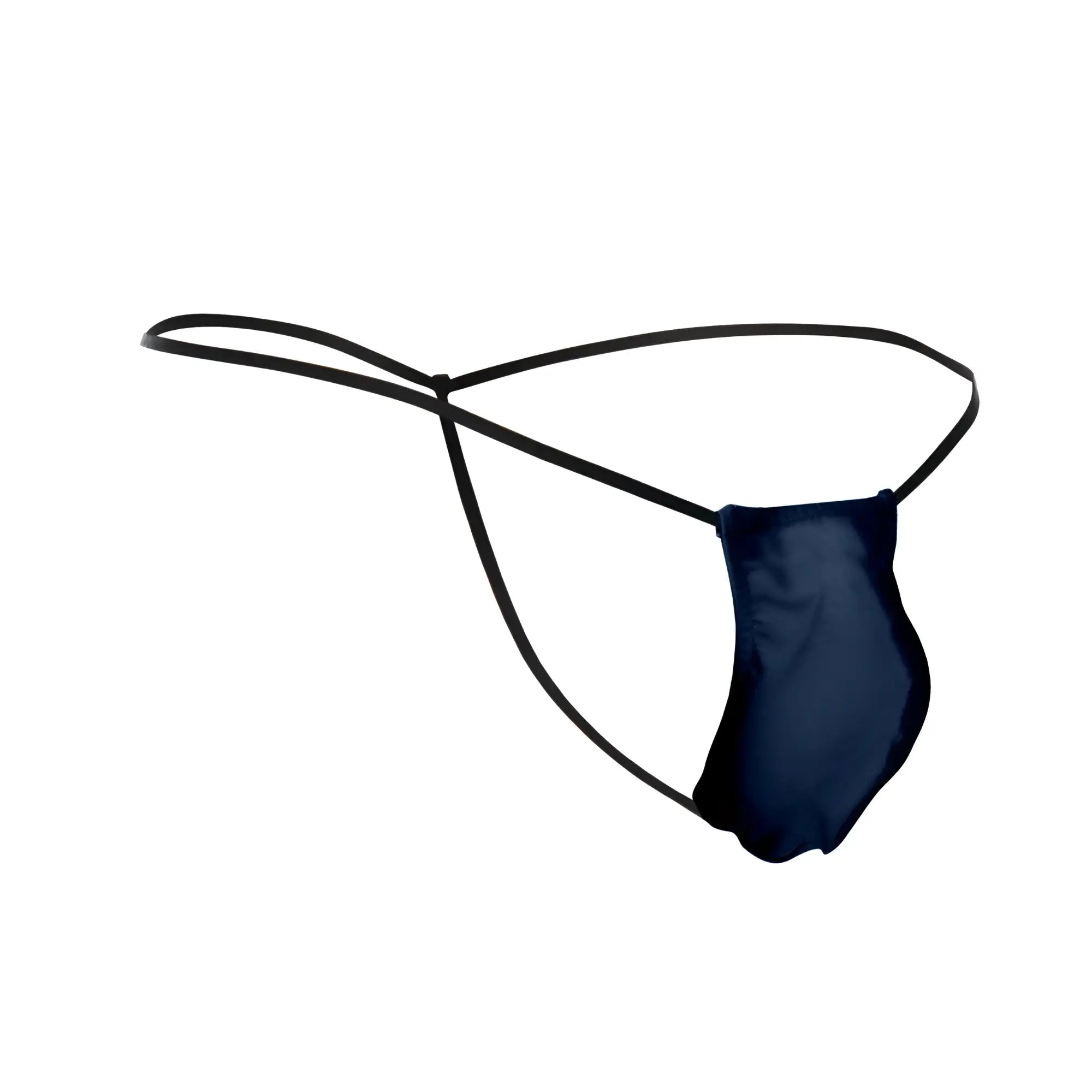 Black thong justin simon xsj02 classic g-string bulge in navy satin fabric with thin elastic straps back side view