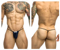 Navy blue athletic brief with black elastic waistband and white justin+simon brand label classic g-string bulge design