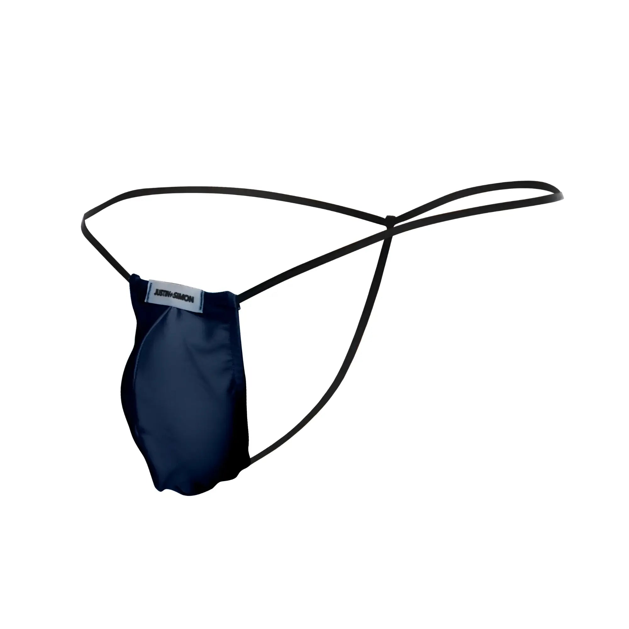 Navy blue satin thong with black elastic straps and branded label from justin+simon xsj02 classic g-string bulge collection