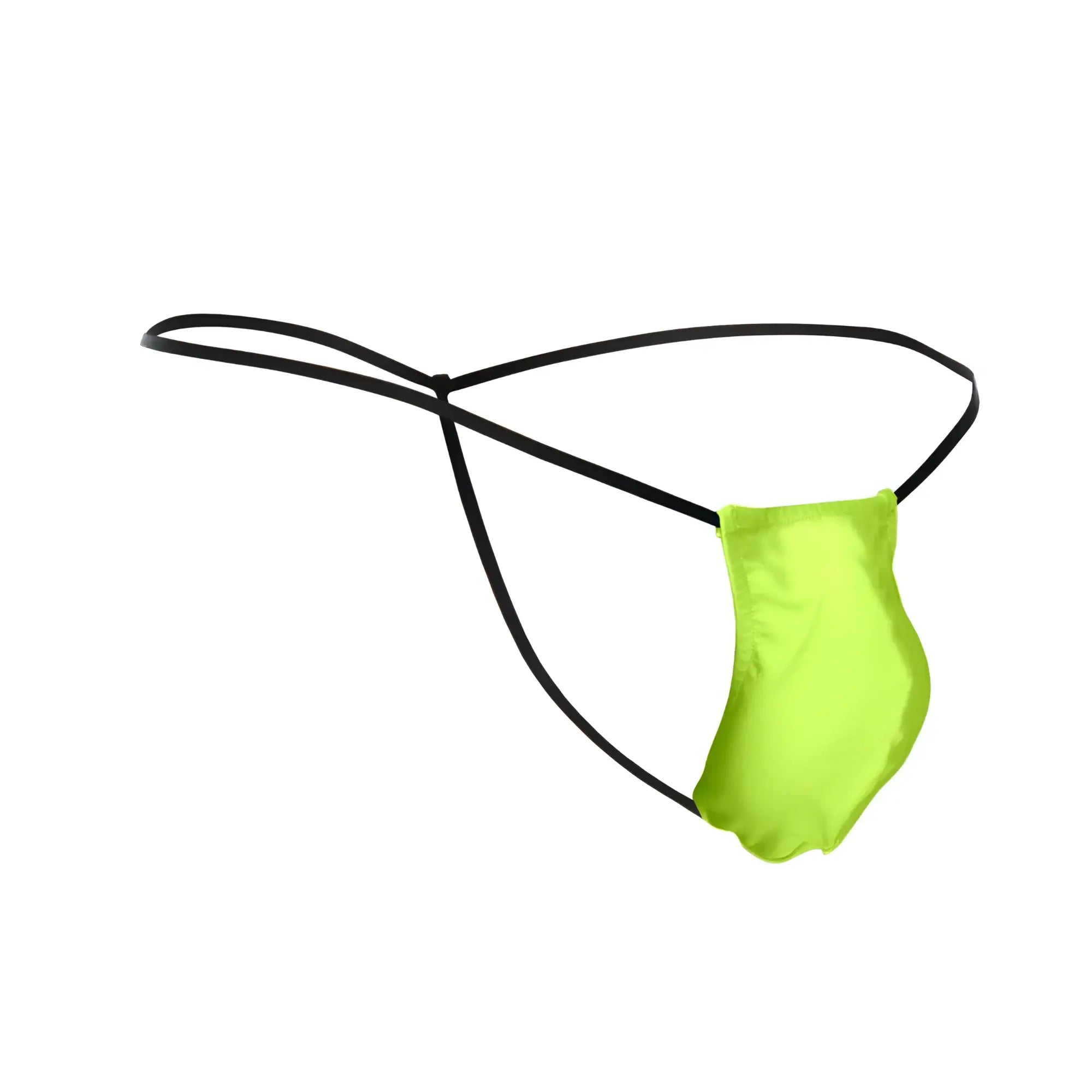 Bright neon green satin thong with black elastic straps from JUSTIN+SIMON XSJ02 classic G-string bulge collection