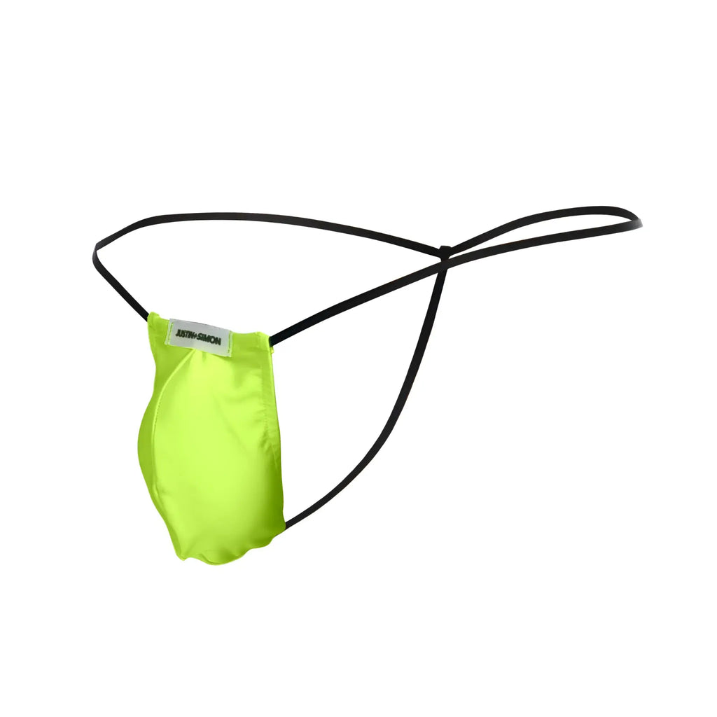 Bright neon green satin thong with black elastic straps and a small white label from justin simon xsj02 classic g-string bulge