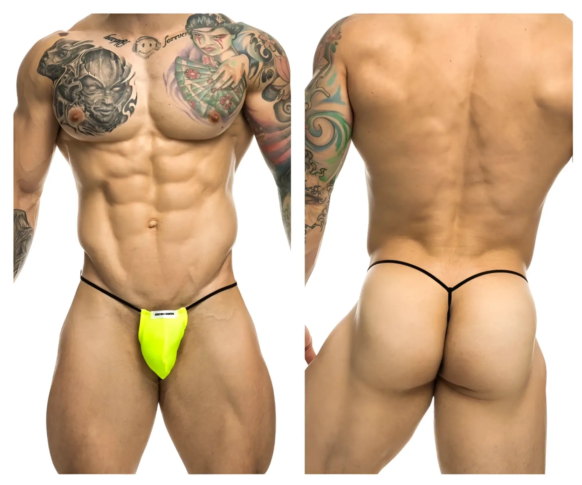 Justin simon xsj02 classic g-string neon green thong with black elastic straps and small white brand tag front view