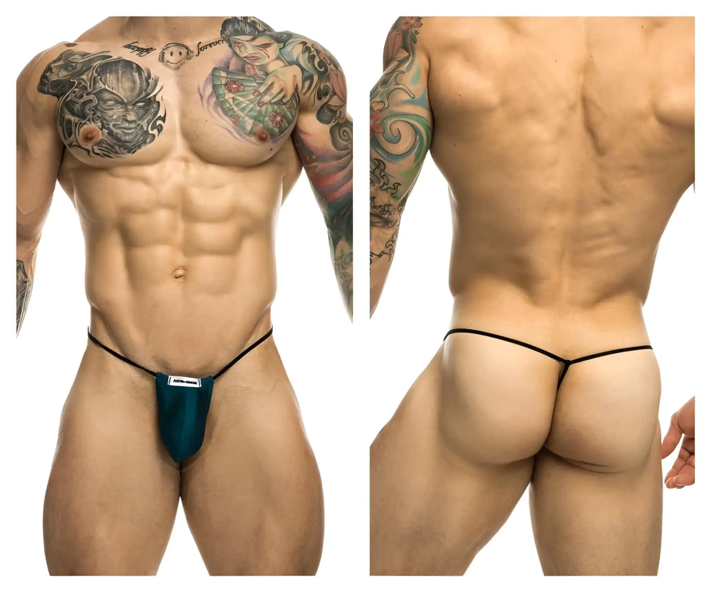 Teal opal green classic g-string thong by justin simon with black elastic waistband and white front label