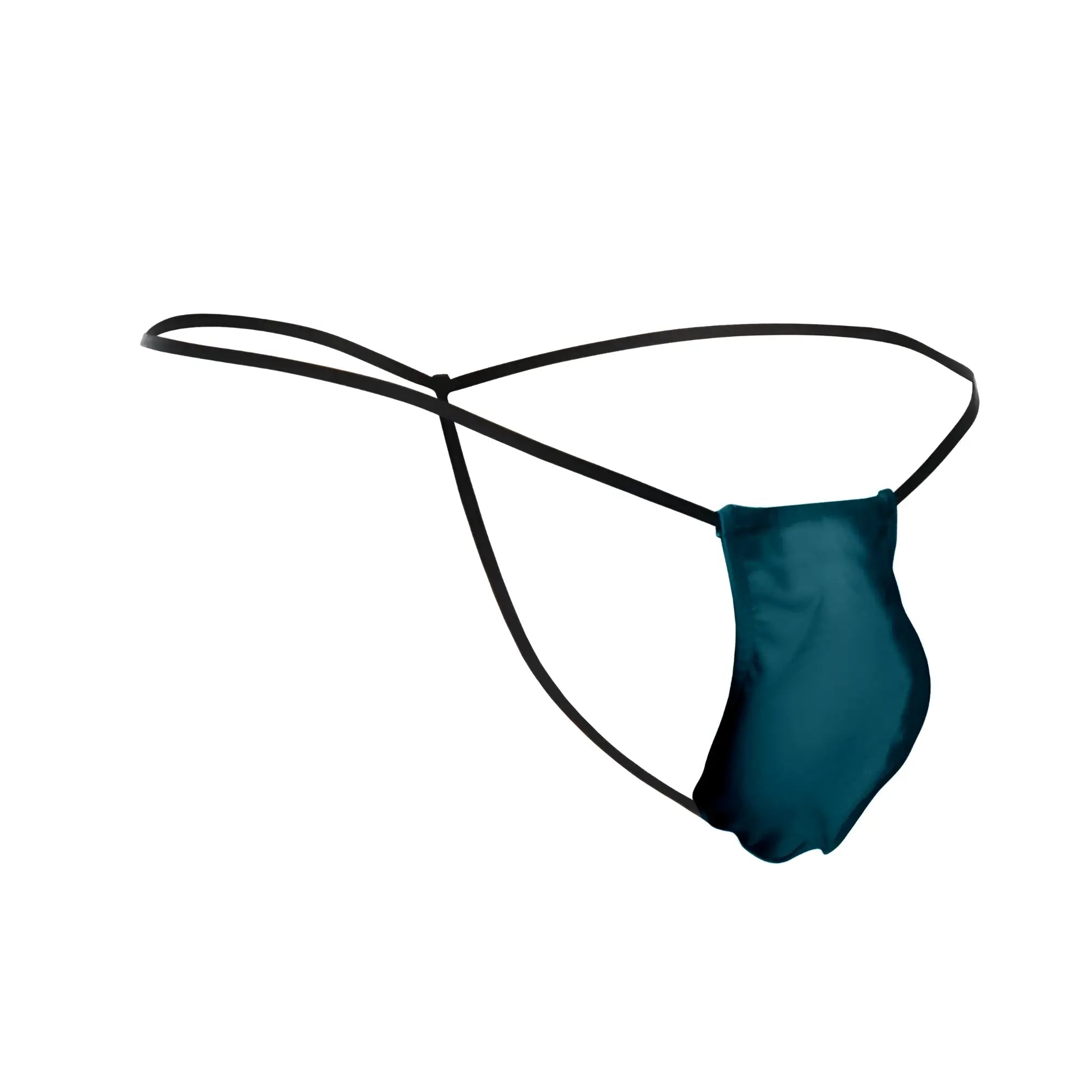 Teal satin thong with black elastic straps from JUSTIN+SIMON XSJ02 classic g-string bulge color opal green shown from back