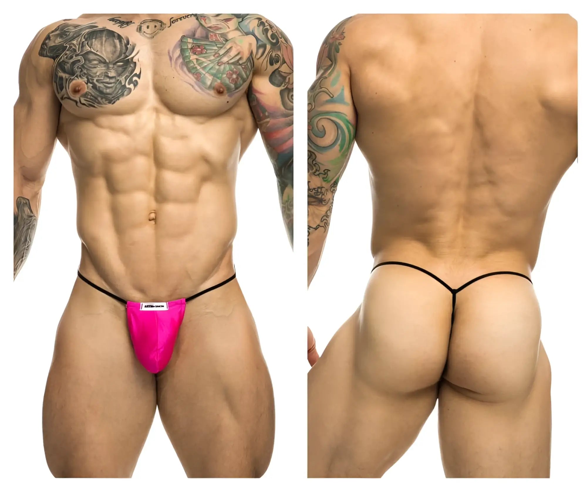 Bright pink justin simon classic g-string thong with black trim and small white front label in xsj02 design