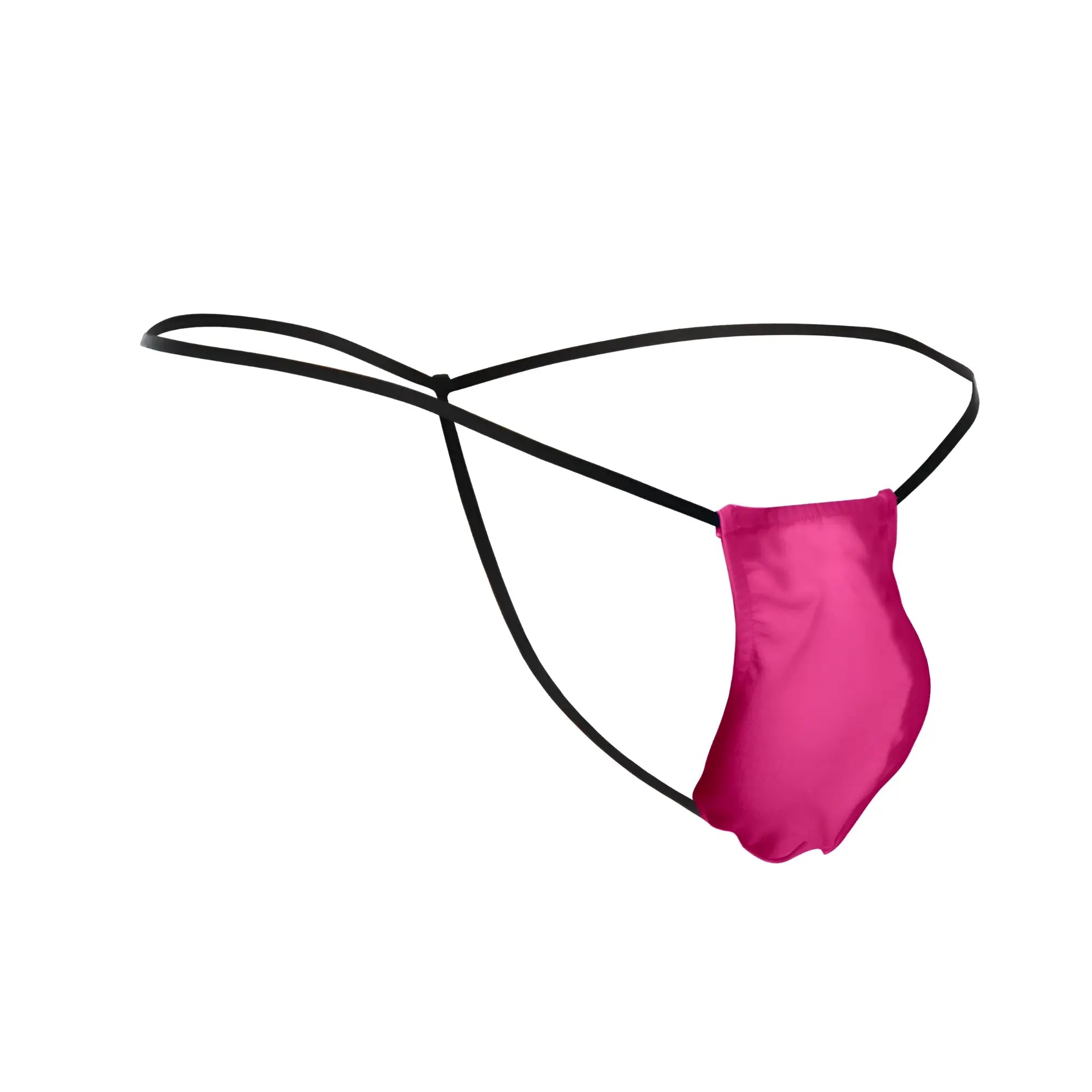 A vibrant fuchsia satin thong with sleek black elastic straps from justin simon xsj02 classic g string bulge pink collection