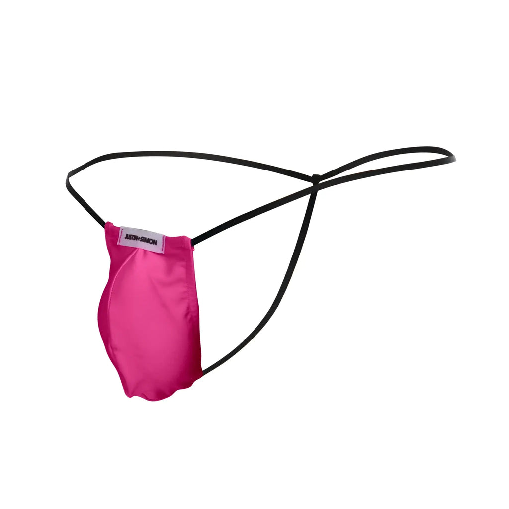 A vibrant pink satin thong with black elastic straps and a white anthony simon label from JUSTIN SIMON XSJ02 Classic G-String