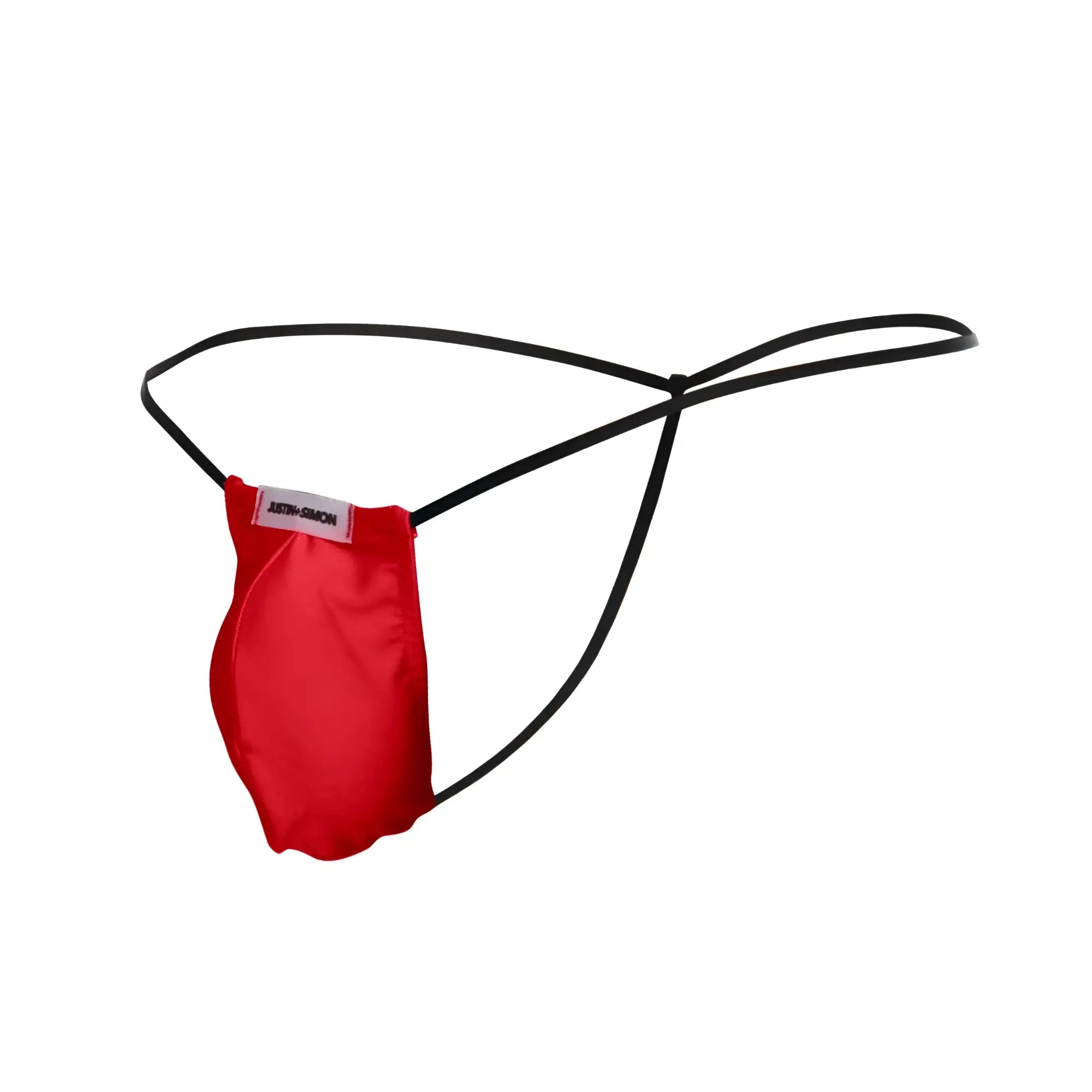 Red satin thong g-string with black elastic straps and anton simon brand label in classic justin simon xsj02 style