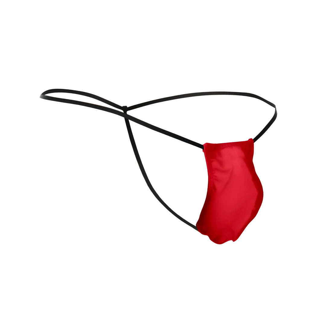 Justin simon xsj02 classic g-string bulge in red satin thong with black elastic straps front view