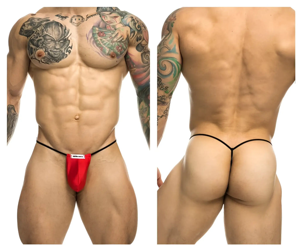 Red thong classic g-string bulge with black elastic straps by justin simon in red showing front view