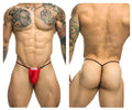 Red thong classic g-string bulge with black elastic straps by justin simon in red showing front view