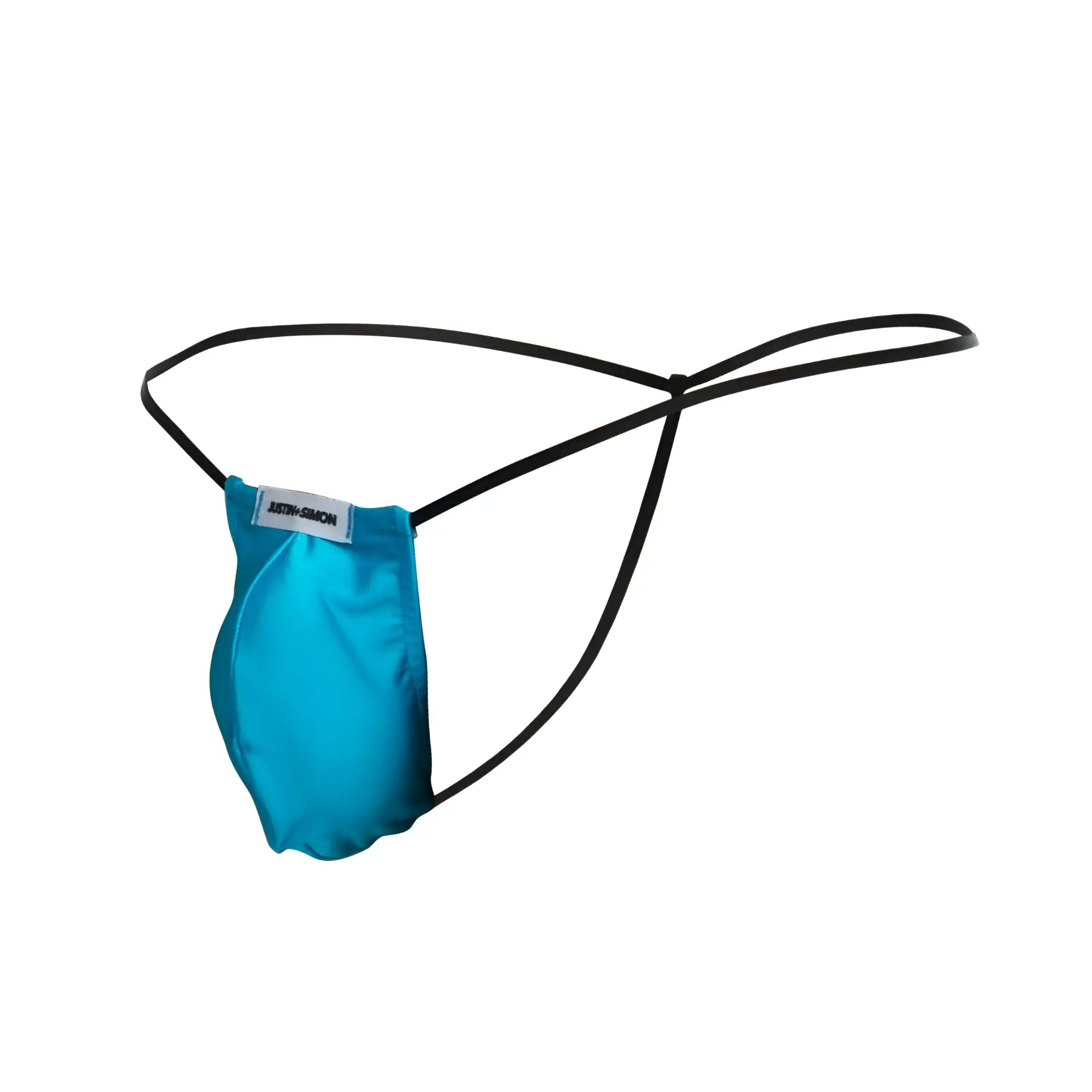 A vibrant turquoise satin thong with black elastic straps and a branded label from justin simon xsj02 classic g string bulge