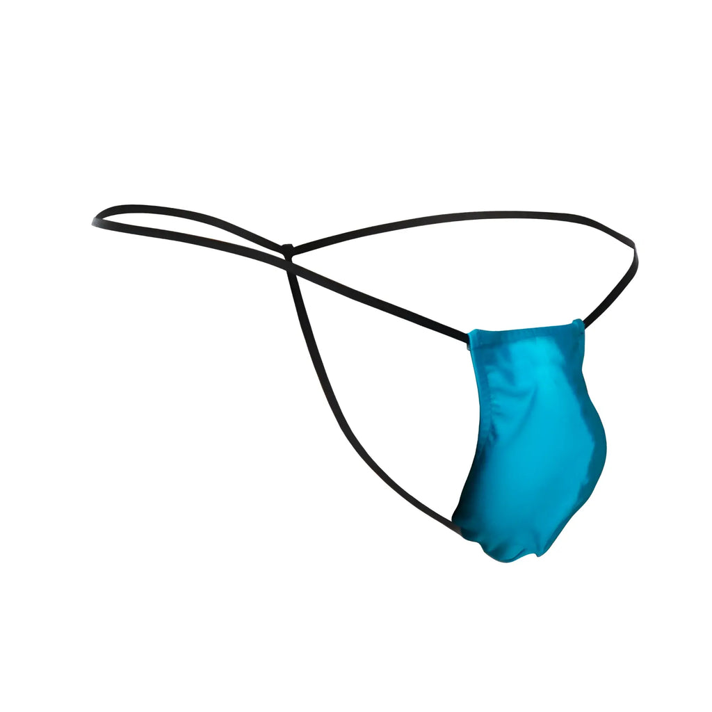 JustinSimon xsj02 classic g-string bulge in vibrant turquoise satin with sleek black elastic straps front view