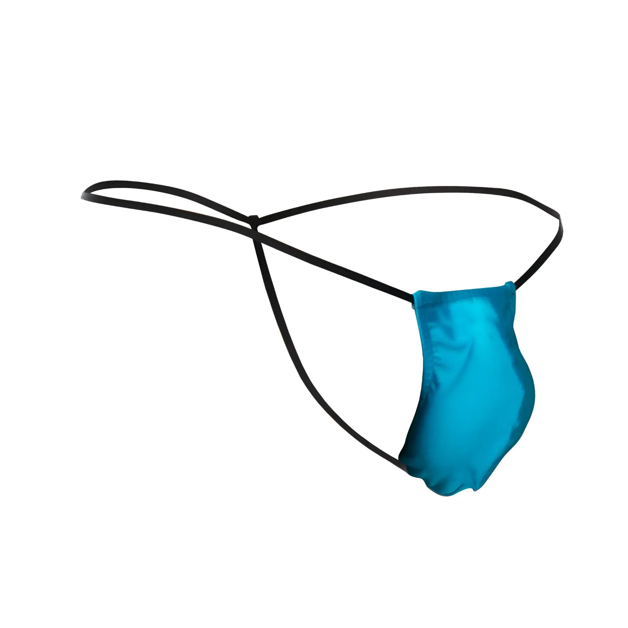 JustinSimon xsj02 classic g-string bulge in vibrant turquoise satin with sleek black elastic straps front view