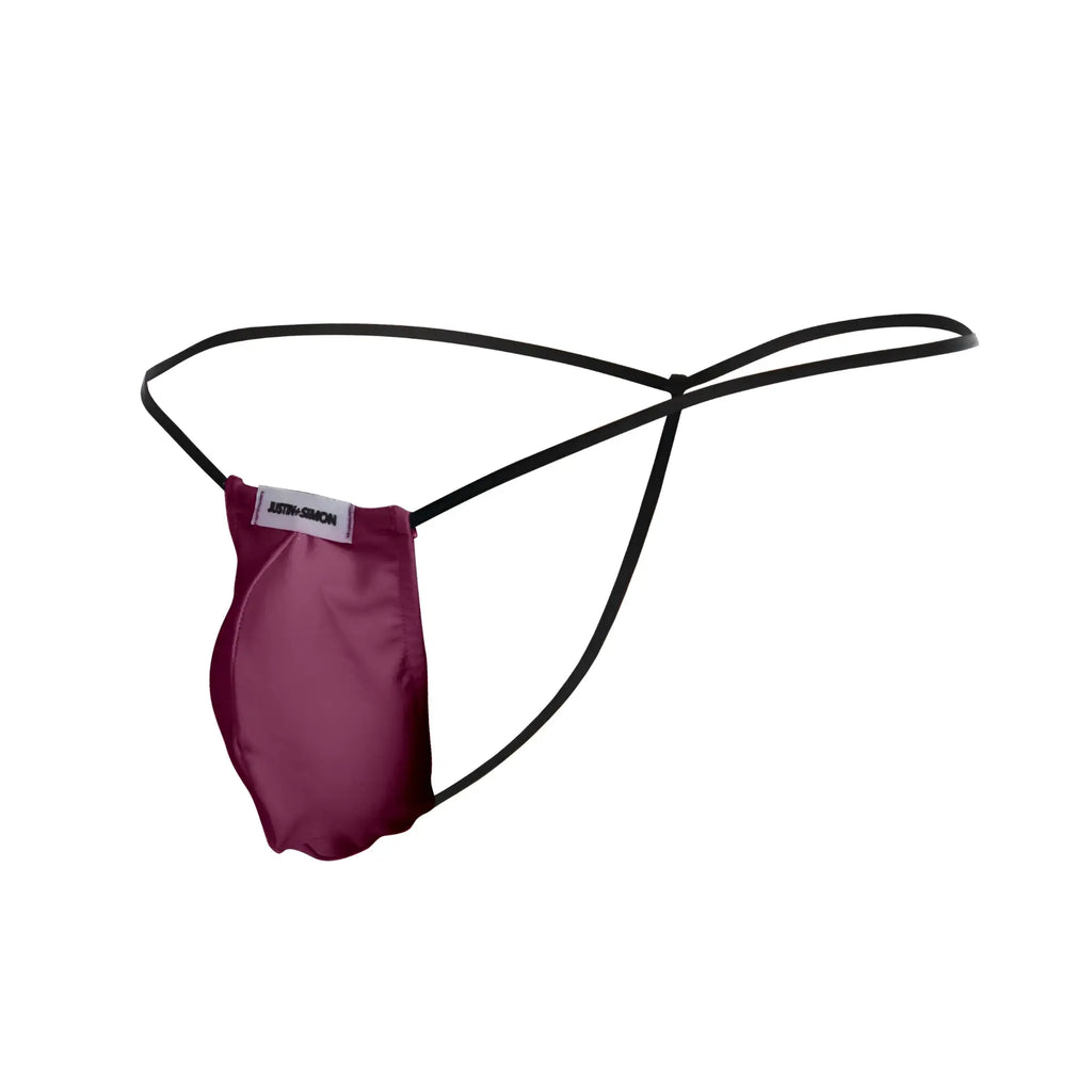 Maroon satin thong with black elastic straps and branded label from justin simon xsj02 classic g-string bulge color wine