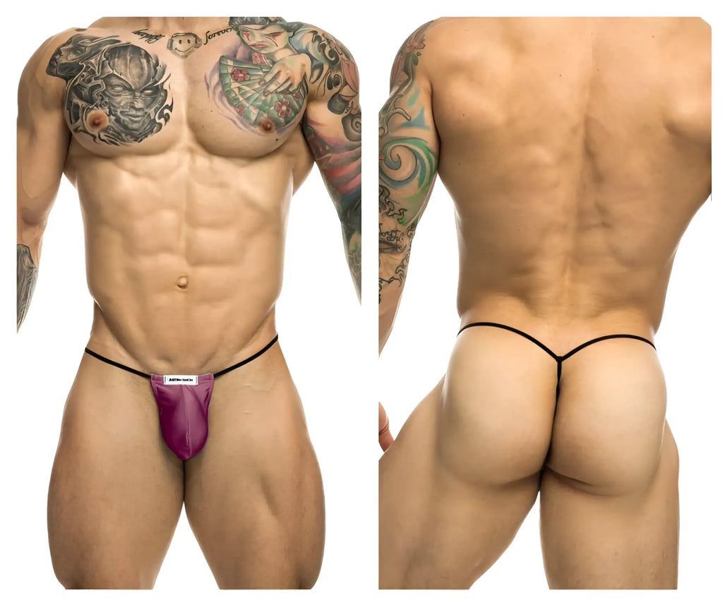 Purple satin thong with black elastic trim and white brand tag from Justinsimon XSJ02 Classic G-string bulge wine color