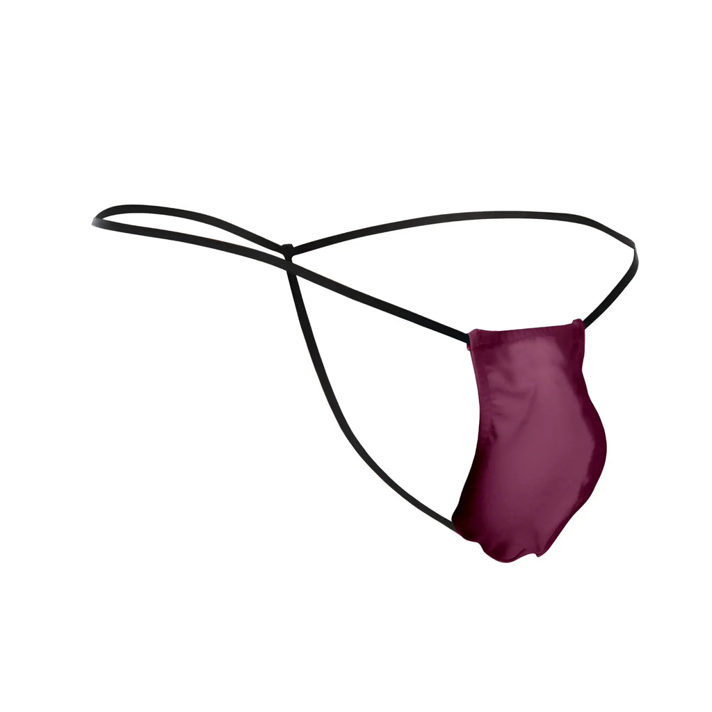 A sleek deep burgundy satin thong with thin black elastic straps from justin simon xsj02 classic g string bulge wine color